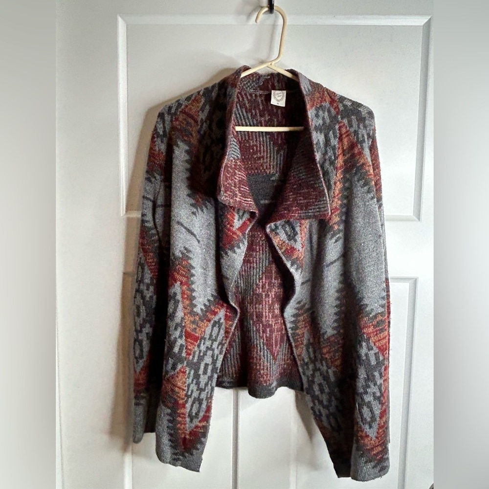 Eleven Star Soft Knit Cardigan Sweater Grey Aztec Blanket open front sz M 6201